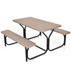 54 in. Coffee Brown Rectangle Steel Picnic Tables Bench Set with Metal Base, Black Frame