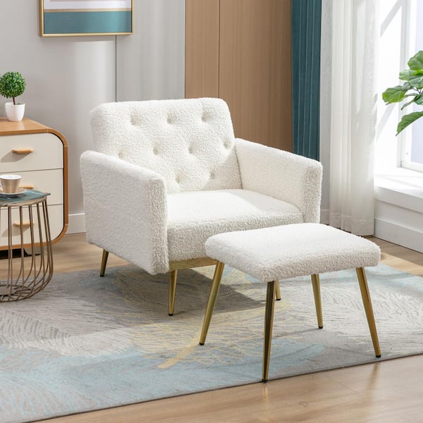 HOMEFUN Modern White Teddy Adjustable Accent Chair with Ottoman Convertible Recliner Chaise Lounge Chair and Ottoman Set