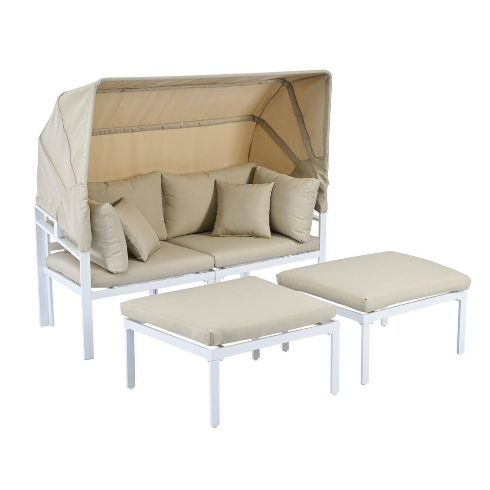 Beige Metal Two-Seat Sectional with Retractable Canopy