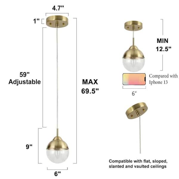 Zevni 6 in. 1-Light Brass-Plated Mini Pendant Light, Globe Clear