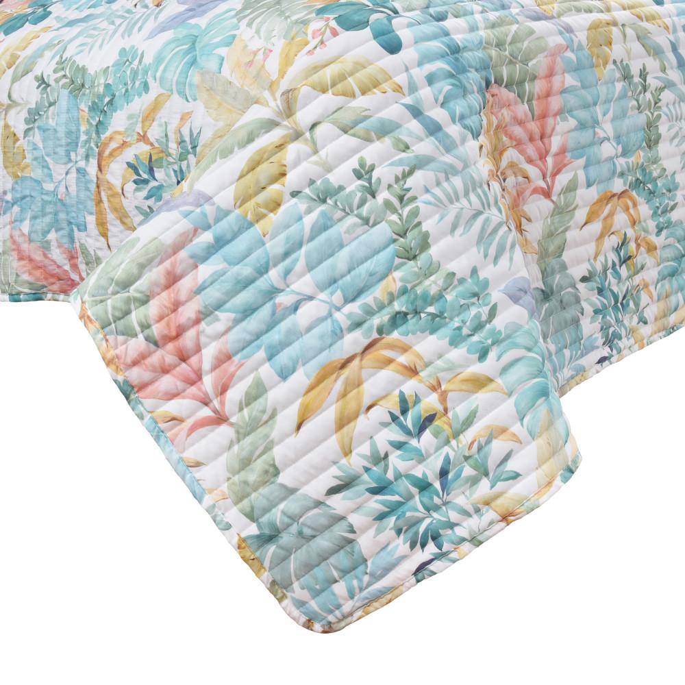 Blue Boho-Chic Microfiber Queen Quilt Set with Botanical Print