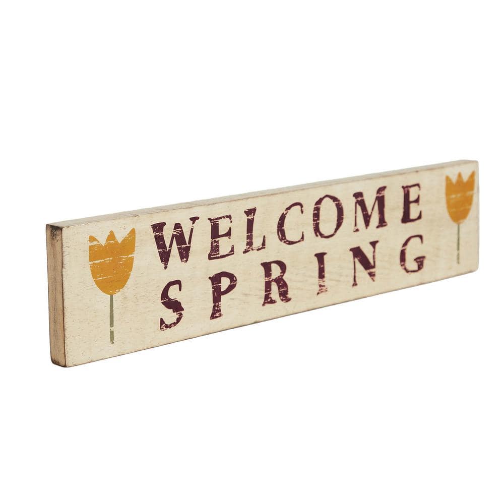Rustic Light Yellow Wooden Welcome Spring Sign with Tulip Design