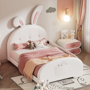 White Wood Frame Twin Size PU Leather Upholstered Platform Bed with Rabbit Ears Headboard, Storage Pocket, Side Bedrail