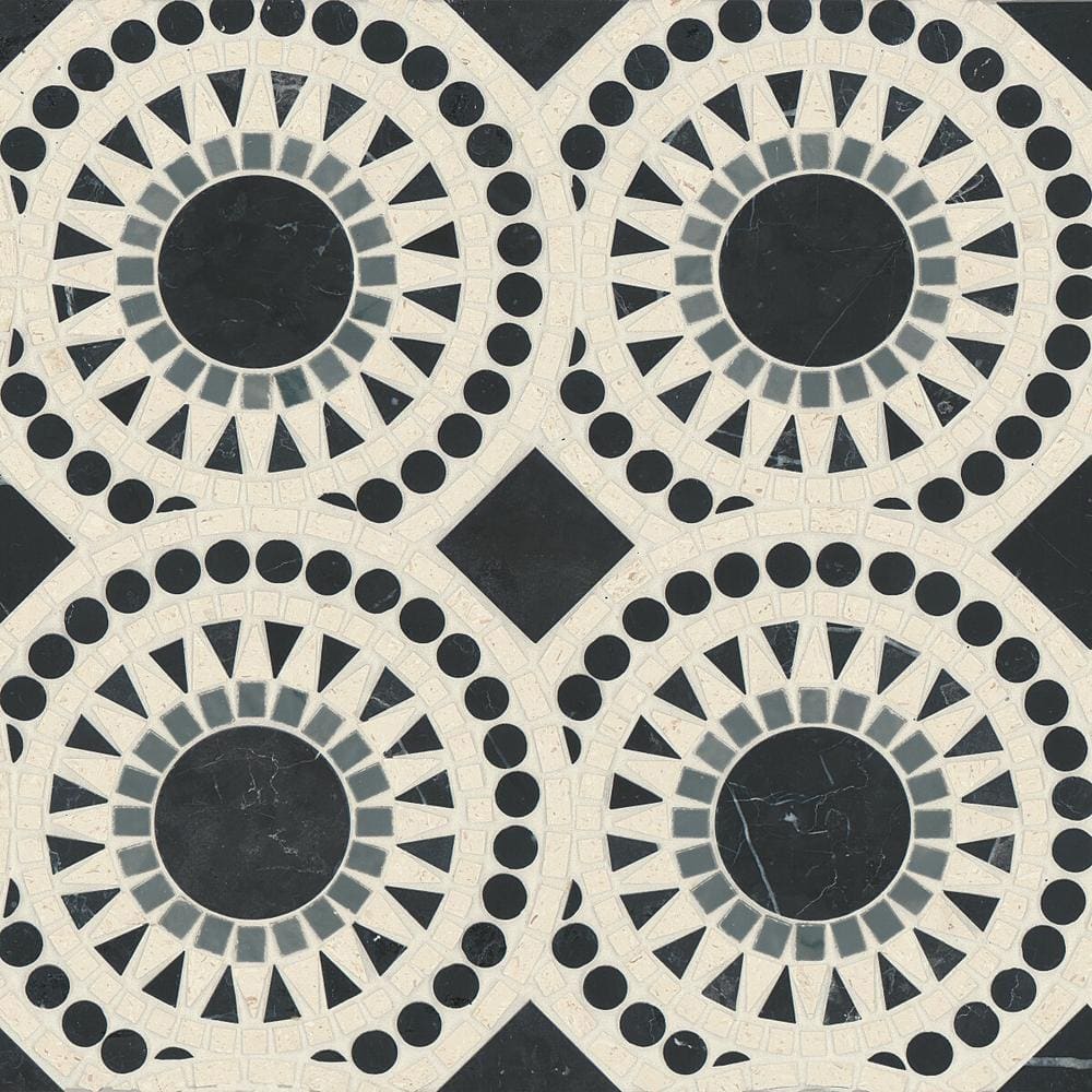 Sample-Solis Circle 4 in. x 5 in. Honed Nero Marquina/Bardiglio/Myra Beige Marble Mosaic Tile price history on PriceWatchPro