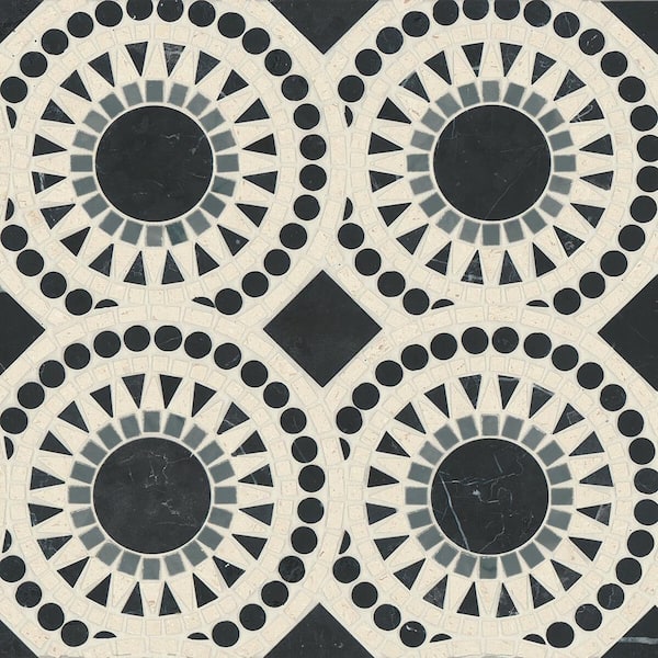 Bedrosians Solis Circle 14 in. x 14 in. Honed Nero Marquina/Bardiglio/Myra Beige Marble Mosaic Tile (7.05 sq. ft./Carton)