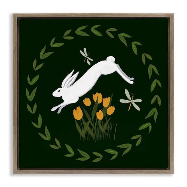 Stupell Industries Bunny Hopping in Wreath by Michelle Ingari Designs Brown Floater Frame Animal Graphic Art Print 25 in. x 25 in.