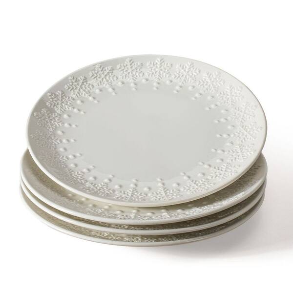 Set of 4 Ceramic Salad Plates with Embossed Snowflake Design 8.25 in White Dessert Dinner Plates 4-8.25