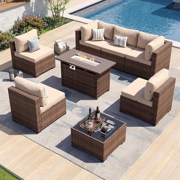 Brown 8-Piece Wicker Outdoor Patio Conversation Set Khaki Cushions, Patio Sectional Set with Fire Pit Table