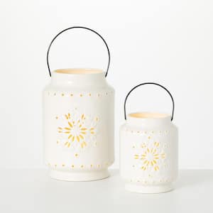 6 in. H and 9.5 in. H Snowflake Lantern Set; White