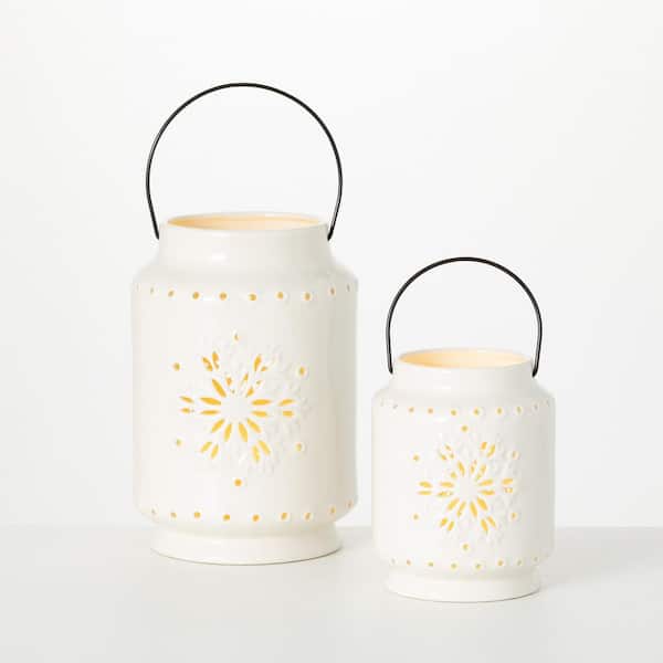 SULLIVANS 6 in. H and 9.5 in. H Snowflake Lantern Set; White