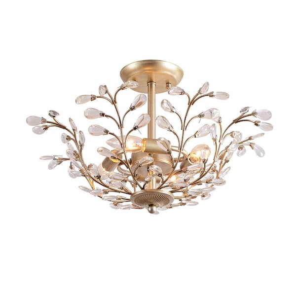 Jojospring Alina 20 in. 4-Light Brushed Silver-ish Champagne Crystal Beaded 9-Branch Semi- Flush Mount