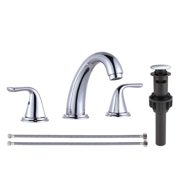 IVIGA 8 in. Widespread Double Handle High Arc Bathroom Faucet with Pop Up Drain Kit and Supply Lines in Polished Chrome