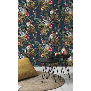 Blue Lemur in Tropical Rainforest Floral Shelf Liner Non- Woven Non-Pasted Wallpaper (57Sq.ft) Double Roll