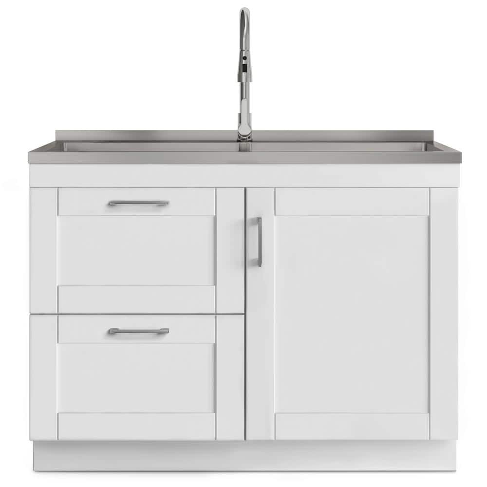White 46 Inch Shaker Laundry Cabinet with Stainless Steel Sink