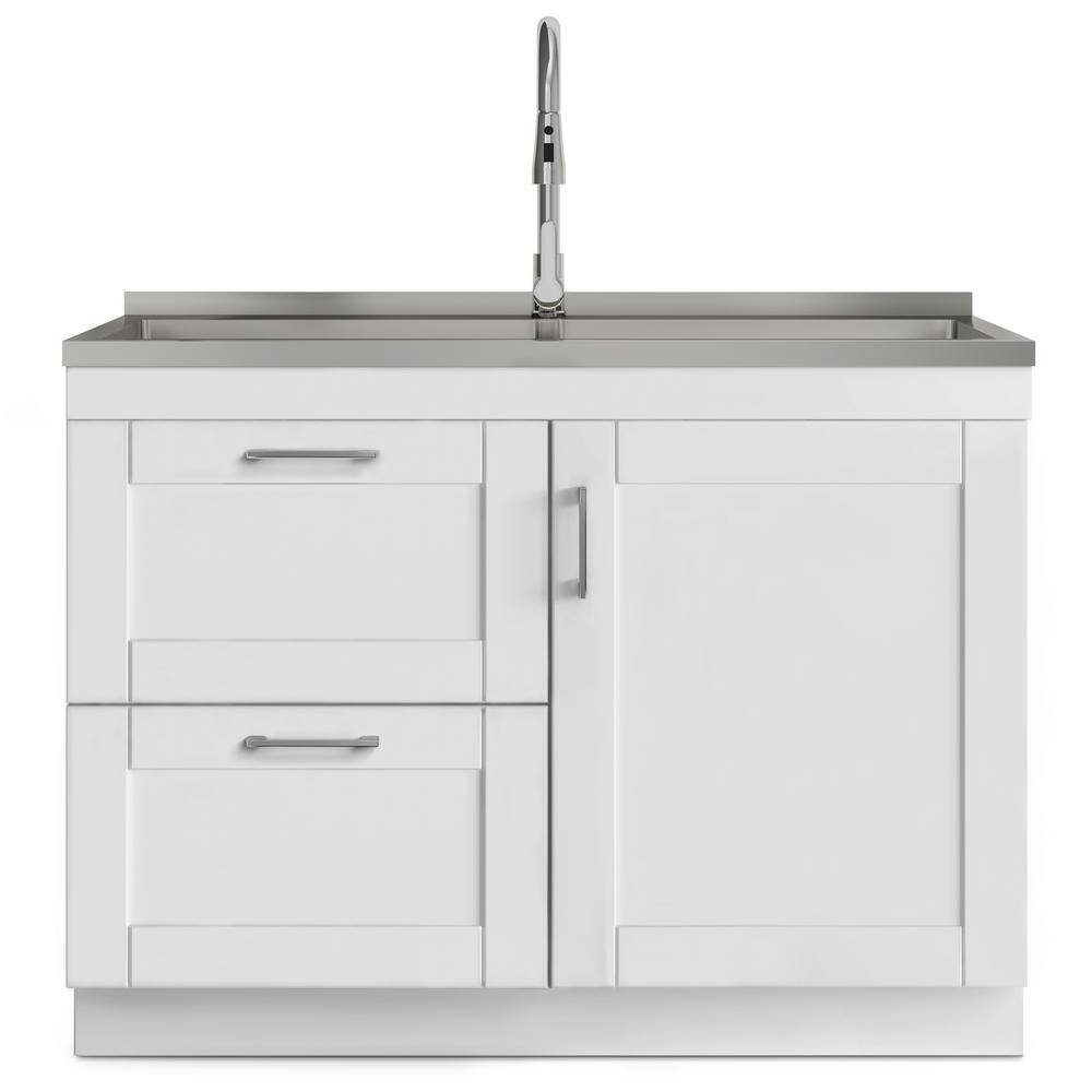 White 46 Inch Shaker Laundry Cabinet with Stainless Steel Sink