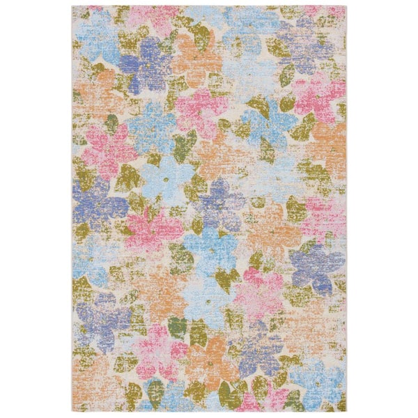 Summer Blue/Pink 9 ft. x 12 ft. Distressed Floral Indoor/Outdoor Area Rug