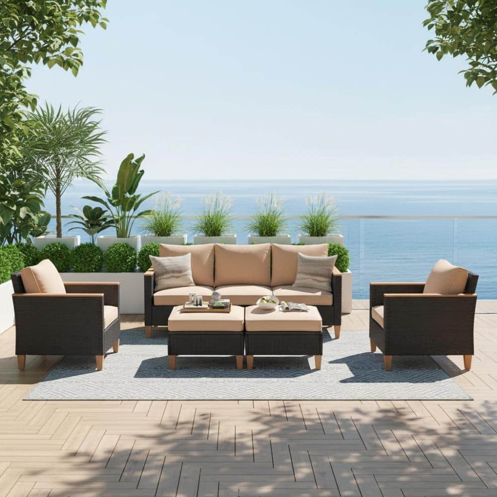 7-Piece Gray Wicker Outdoor Sectional Set with Khaki Cushions and Ottoman for Backyard, Patio price history on PriceWatchPro