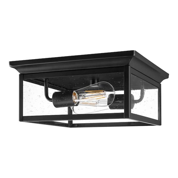 Edgehill 2-Light Matte Black Outdoor Ceiling Light Flush Mount Light with Clear Seeded Glass Shade