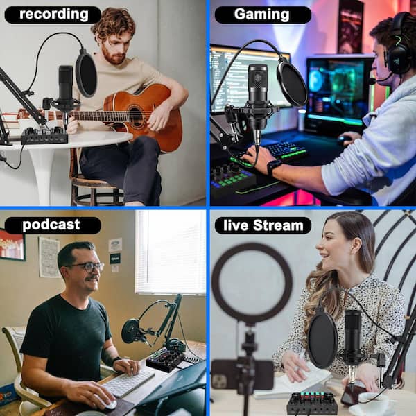 Yichuhaoxi Podcast Equipment Bundle with Sound Card and 2-Condenser Microphones in Black 2-Pack Studio Kit for Recording