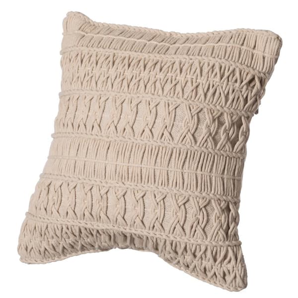 16 in. x 16 in. Natural Handwoven Cotton Throw Pillow Cover with Layered Random String Pattern with Filler