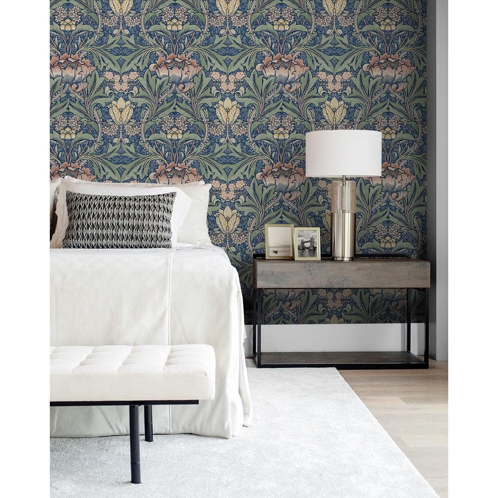 Denim Blue and Salmon Floral Peel and Stick Vinyl Wallpaper