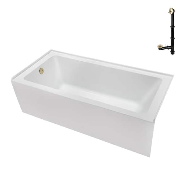 60 in. x 30 in. Soaking Acrylic Alcove Bathtub with Left Drain in Glossy White, External Drain in Polished Brass