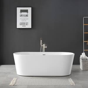 Lyra 66.5 in. Acrylic Freestanding Flatbottom Bathtub in White with Overflow and Drain in Satin Nickel Included