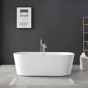 Lyra 67 in. Freestanding Flatbottom Soaking Bathtub in White Including Satin Nickel Overflow and Pop-up Drain