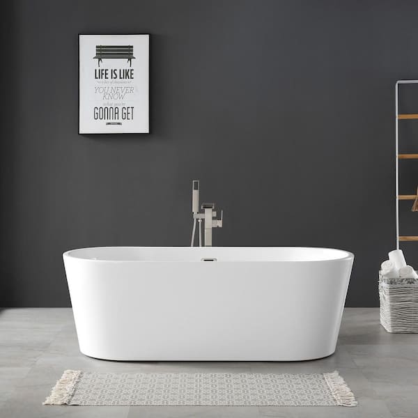 OVE Decors Lyra 66.5 in. Acrylic Freestanding Flatbottom Bathtub in White with Overflow and Drain in Satin Nickel Included