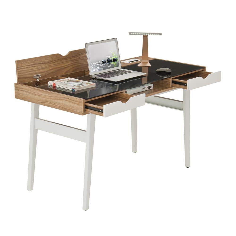Modern Black Glass and Walnut Computer Desk with Storage