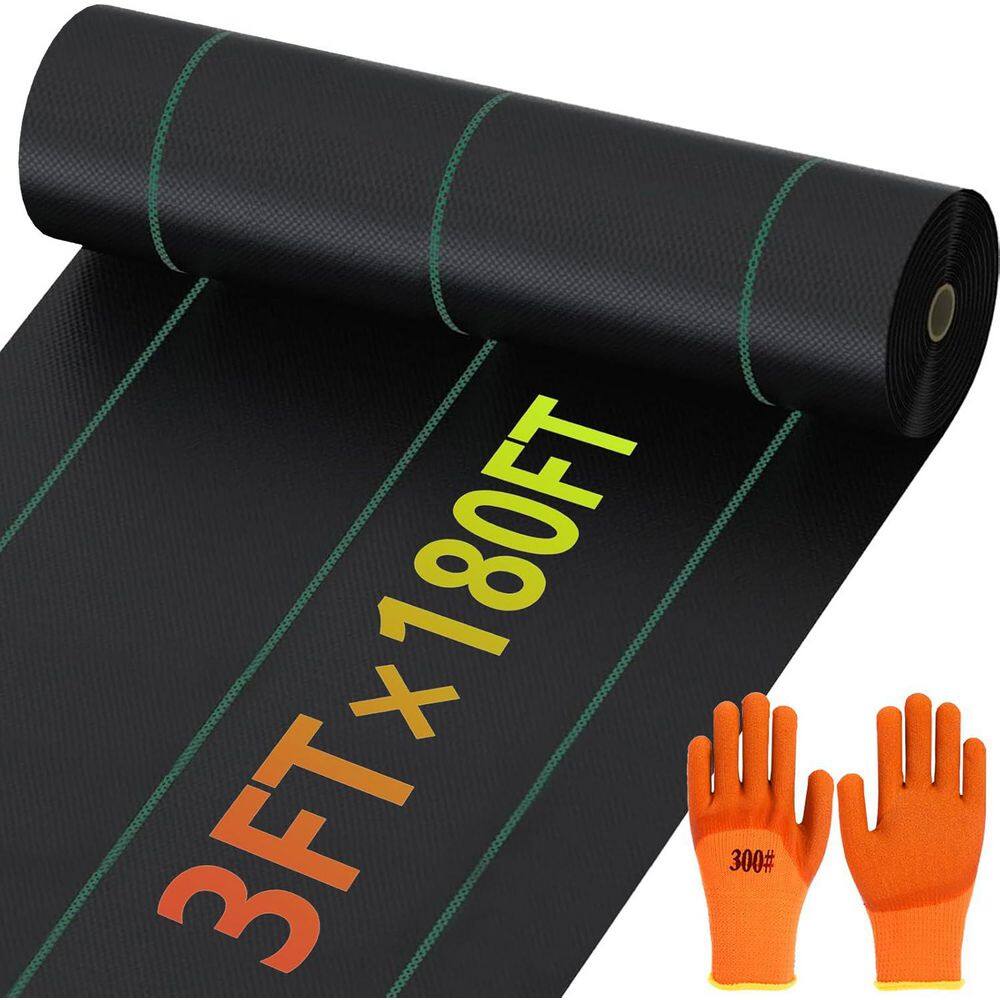  3ft x 180ft Heavy Duty Weed Barrier Landscape Fabric 3. 2oz Woven Geotextile Weed Control Mat with Gardening Gloves