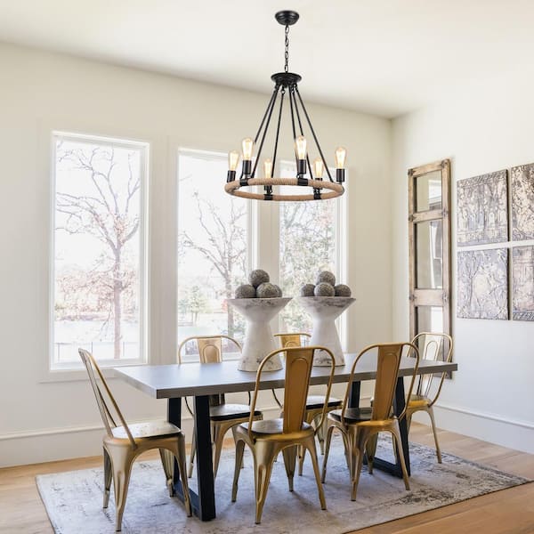 6-Light Black Wagon Wheel and Woven Design Linear Chandelier for Living Room with No Bulbs Included