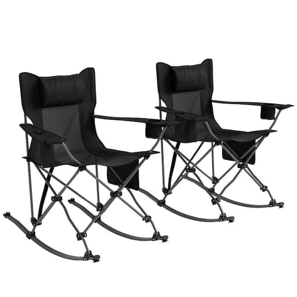 Outdoor Folding Rocking Camping Chairs 2 Pack with Headrest, Cooler Bag, Cup Holder, Black