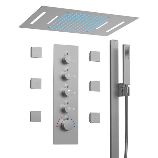 EVERSTEIN 15-Spray 23 in. Ceiling Mount Rectangular Waterfall Fixed and Handheld Shower Head with LED in Brushed Nickel
