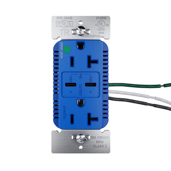 20 Amp Tamper Resistant 65-Watt Hospital Grade Power Delivery USB Type C Duplex Outlet Blue