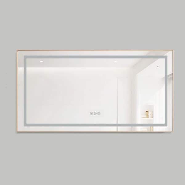 60 in. W x 28 in. H Rectangular Aluminum Framed Backlit and Front Light LED Wall Bathroom Vanity Mirror in Brushed Gold