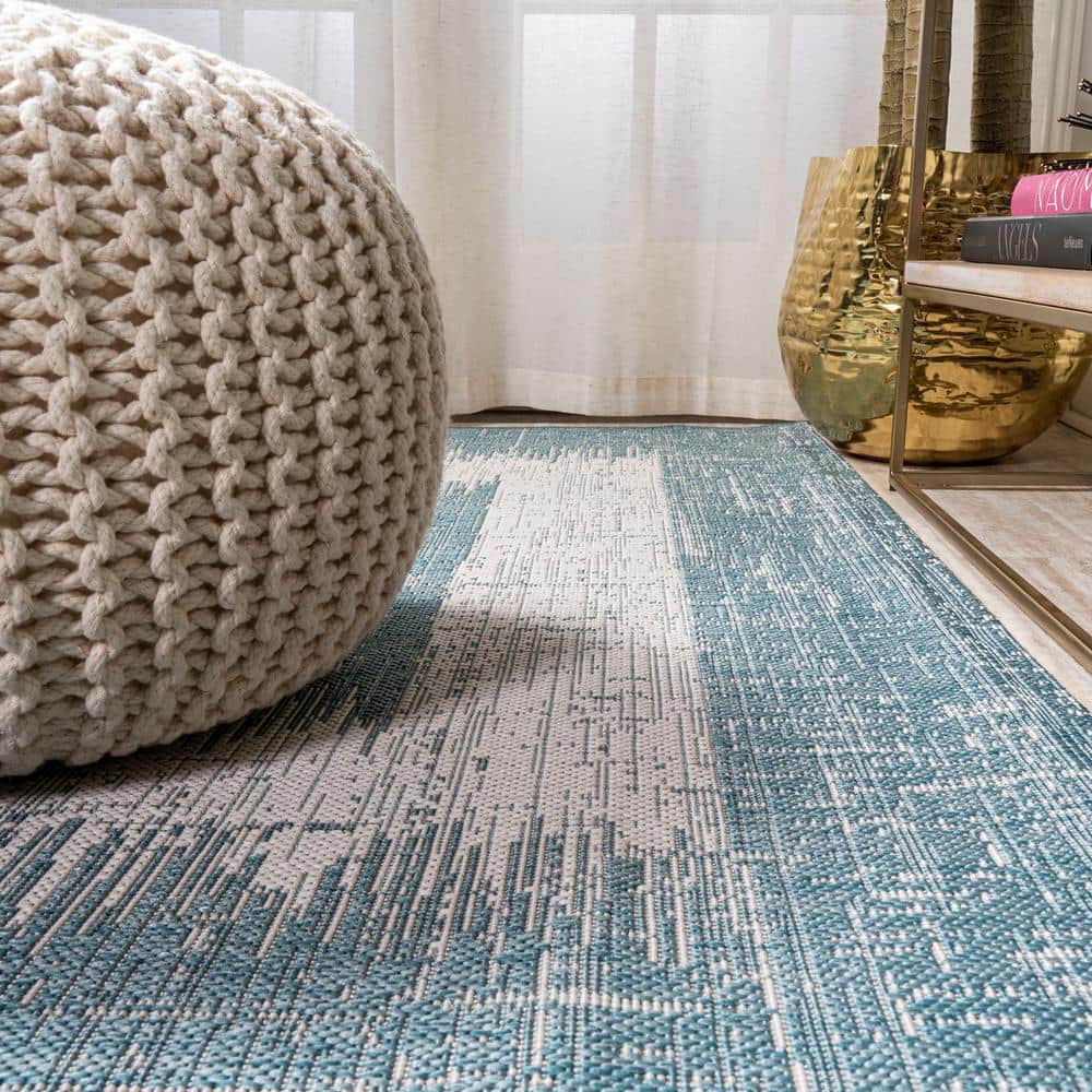 Aqua and Ivory Geometric Synthetic 3' x 5' Indoor/Outdoor Area Rug