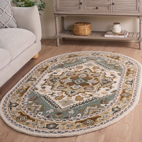 Heritage 8 ft. x 10 ft. Oval Ivory/Light Blue Border Floral Medallion Area Rug