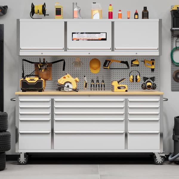 72 in. Stainless Steel Mobile Workbench Cabinet with Wheels, 15