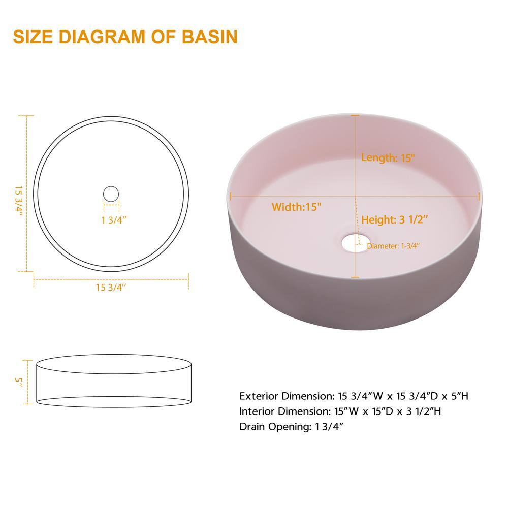 16" Pink Round Ceramic Vessel Bathroom Sink
