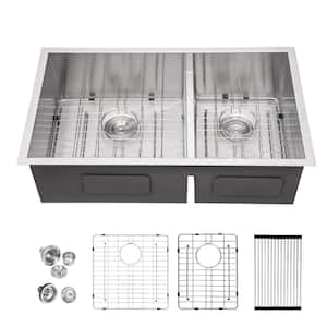 Brushed Nickel 16-Gauge Stainless Steel 33 in. Double Bowl Undermount Kitchen Sink with Bottom Grid and Drain Assembly