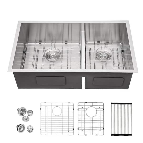 Sarlai Brushed Nickel 16-Gauge Stainless Steel 33 in. Double Bowl Undermount Kitchen Sink with Bottom Grid and Drain Assembly