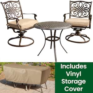 Traditions 3-Piece Aluminum Round Outdoor Bistro Set with Swivel Rockers, Cover and Natural Oat Cushions included