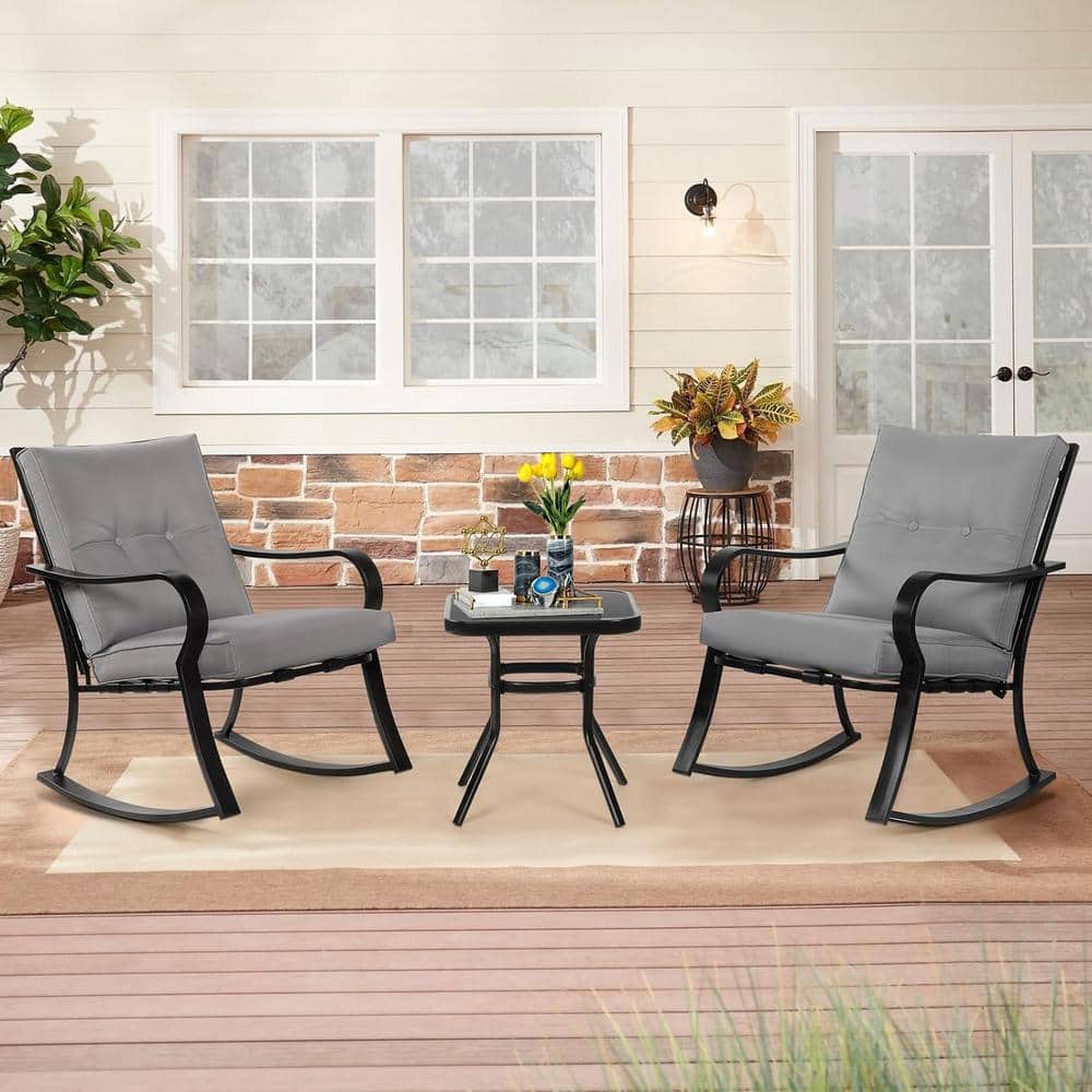 3-Piece Iron Outdoor Bistro Set with Gray Thickened Cushion and Glass-Top C