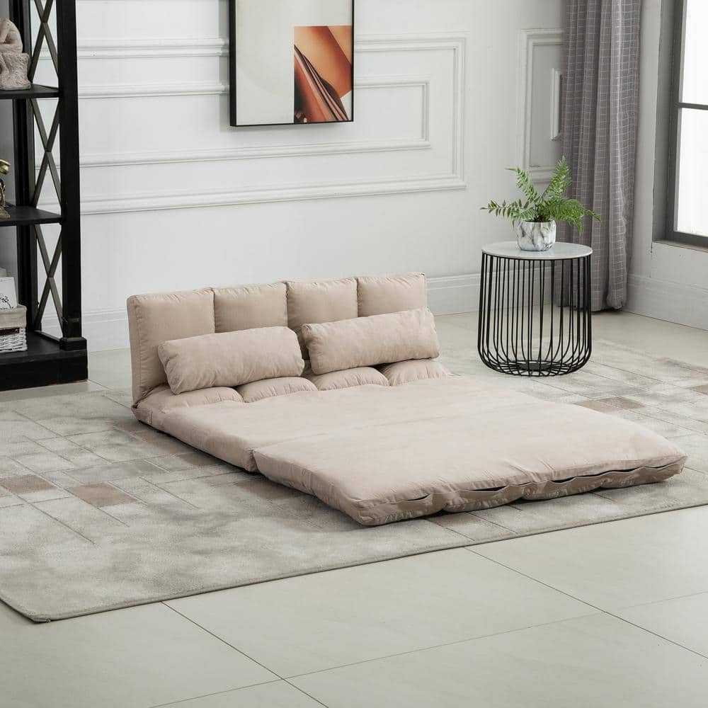 Beige Tufted Metal Full Sleeper Sofa with Pillows