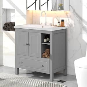 30 in. W x 18.03 in. D x 32.13 in. H Gray Bath Vanity Cabinet with Ceramic Sink, Doors and Drawers, Solid Wood Frame