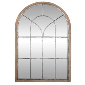 51 in. x 33 in. Window Pane Inspired Arched Framed Brown Wall Mirror with Arched Top