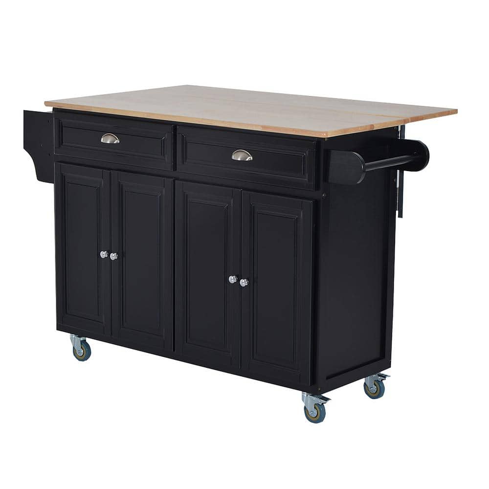 Black Rubberwood Top Kitchen Cart with Drop Leaf, Storage 801