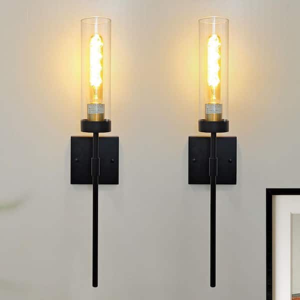 4.7 in. 1-Light Black&Gold 2-Pack Modern Industrial Wall Sconces Hardwired Vanity Light Fixture with Clear Glass Shade