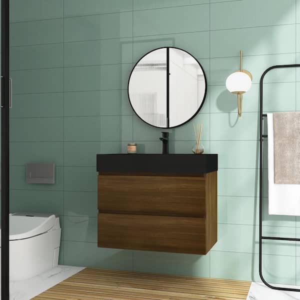 JimsMaison 30 in. W x 18 in. D x 25 in. H Single Sink Wall Mounted Bath Vanity in Dark Oak with Matte Black Solid Surface Top